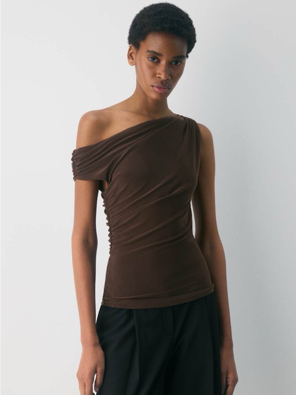 Babaton Dark Brown Off-Shoulder Draped Top